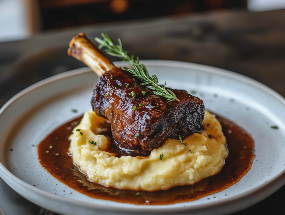 Smoked and Braised Lamb Shanks with Red Wine Gravy