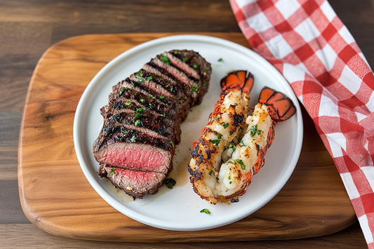 Grilled Surf and Turf with Texas Beef Rubbed Steaks and Garlic Butter Lobster Tails