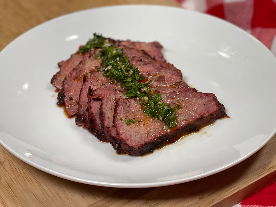 Reverse-Seared Texas Beef BBQ Rubbed Tri-Tip with Chimichurri Sauce