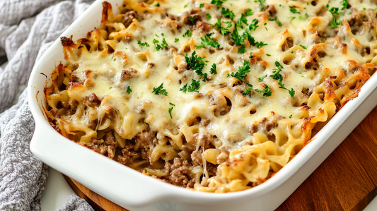 French Onion Ground Beef and Egg Noodle Casserole with SPG$ Seasoning and Caramelized Onions