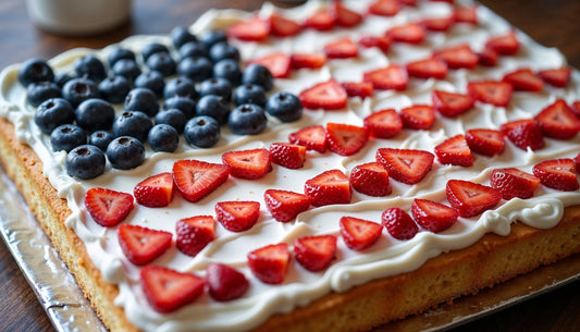 Patriotic Texas White Sheet Cake with Blueberries and Sliced Strawberries