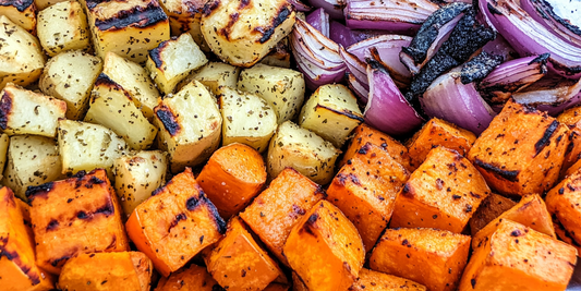 Roasted Sweet Potatoes, Carrots, Red Onions, and Potatoes with Cherry Wood Smoked Salt