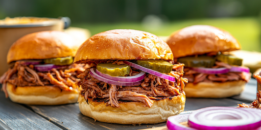 Spicy Nashville Hot Pulled Pork Sandwiches with Pickles and Raw Red Onion