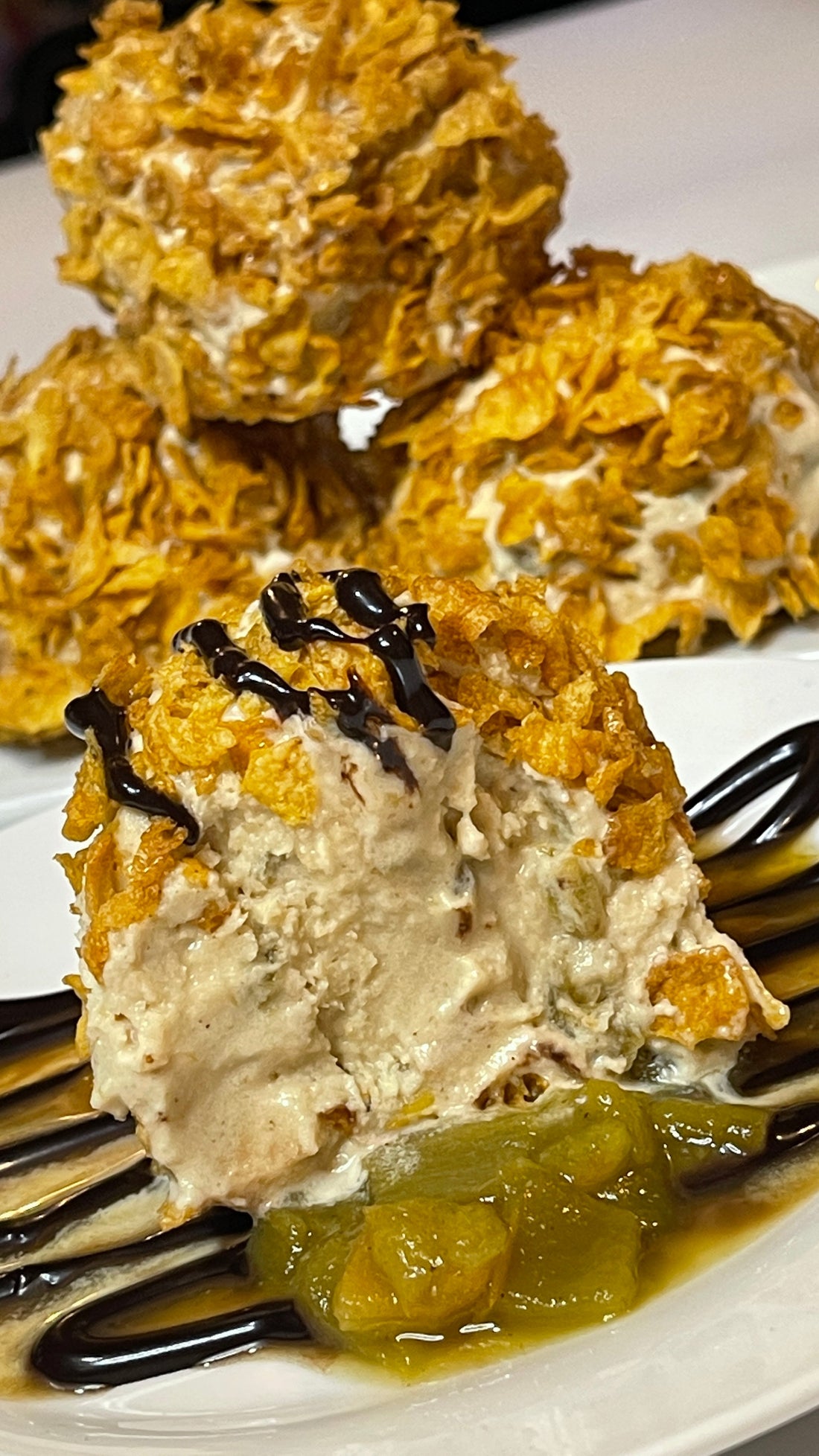 Green Chile Fried Ice Cream with Cornflake Crunch and Piloncillo