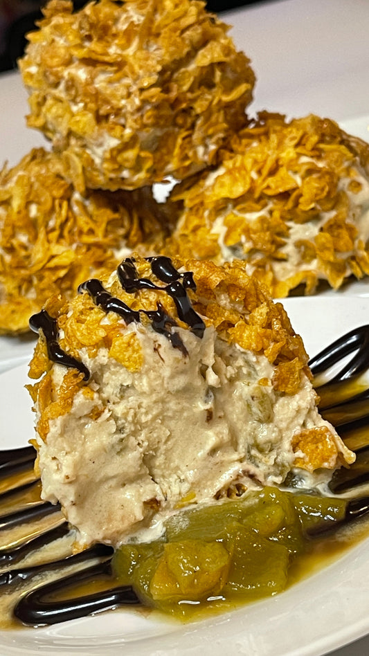 Green Chile Fried Ice Cream with Cornflake Crunch and Piloncillo