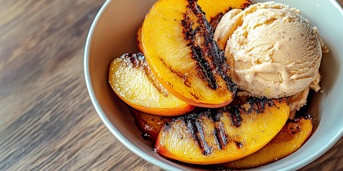 Brown Sugar Bourbon Vanilla Ice Cream with Kansas City BBQ Rub Grilled Peaches