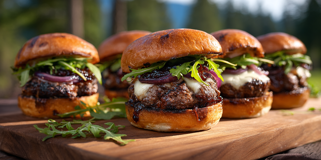 Charcoal-Grilled Bison Burgers with White Cheddar and Apple-Wood Smoke
