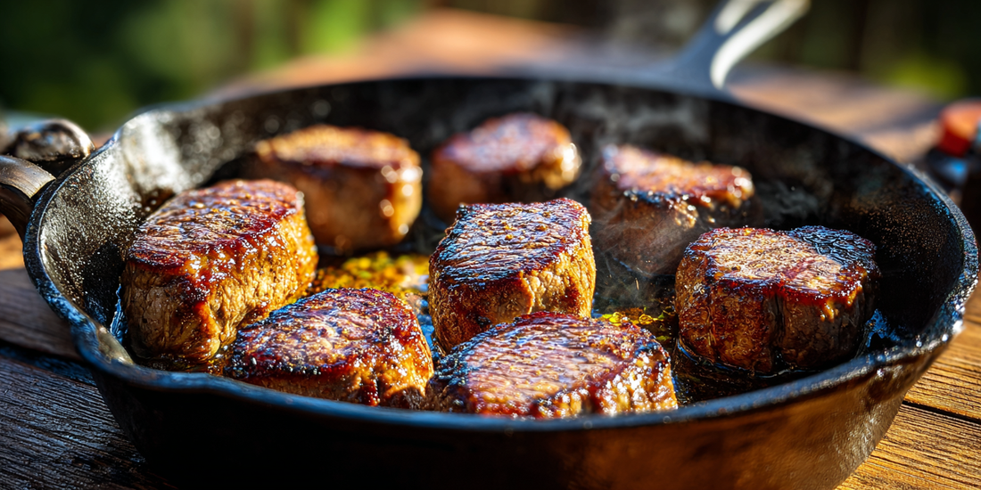 West Texas Steak Medallions on Cast Iron with Revolution Barbecue Texas Beef BBQ Rub
