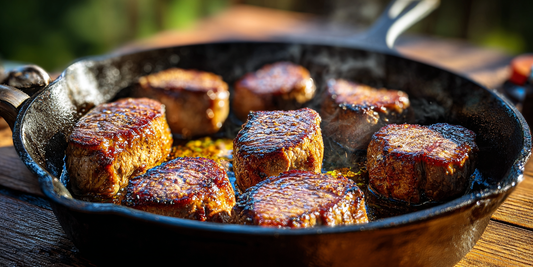 West Texas Steak Medallions on Cast Iron with Revolution Barbecue Texas Beef BBQ Rub