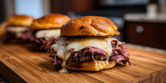 Grilled Scottsdale Pastrami Burgers with Double Swiss Cheese and Texas Beef BBQ Rub