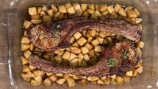 Over the Fire Tomahawk Pork Chops with Rustic Baked Gala Apples