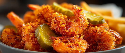 Crispy Nashville Hot Shrimp with Fries and Dill Pickles