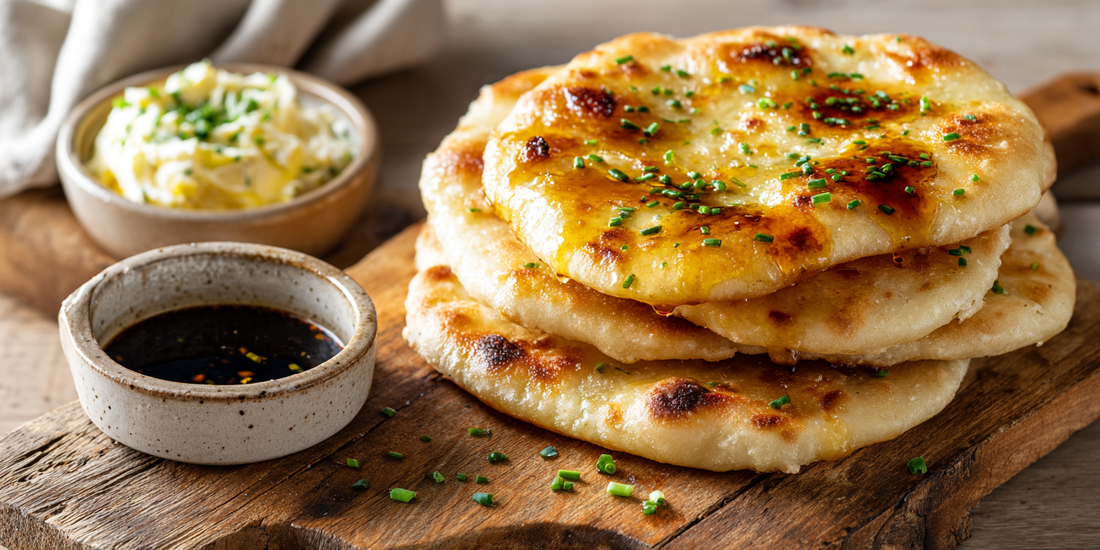 Hot Fry Bread with Garlic Chive Butter and Spicy Dark Agave Drizzle