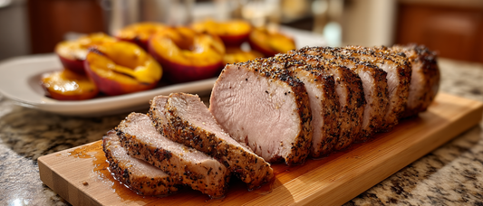 Grilled Pork Loin with Mustard Crust and Dark Agave Glazed Peaches