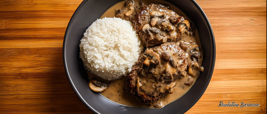 Burger Steak with Mushroom Gravy and Rice
