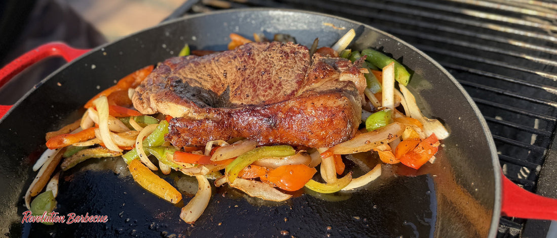 Cast Iron 4 Diamond Ranch Wagyu Steak with Peppers and Onions