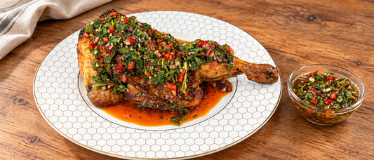 Roasted Spatchcock Chicken with Fresh Herb and Calabrian Chile Chimichurri