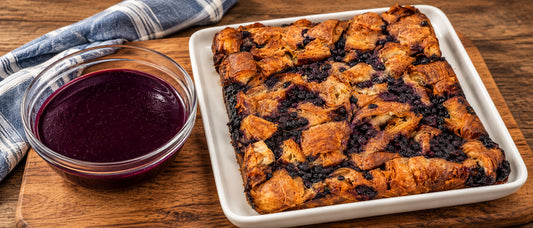 Wild Blueberry Croissant Bread Pudding with Wild Blueberry Vanilla Sauce